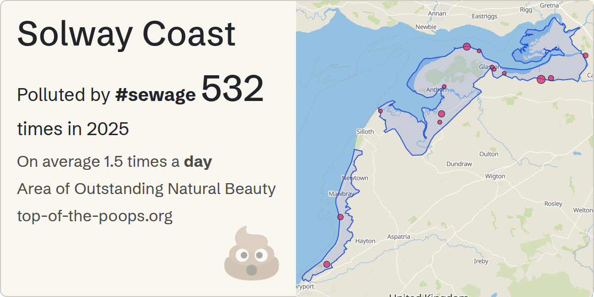 Sewage pollution map of Solway Coast, an Area of Outstanding Natural Beauty, showing where sewage is discharged