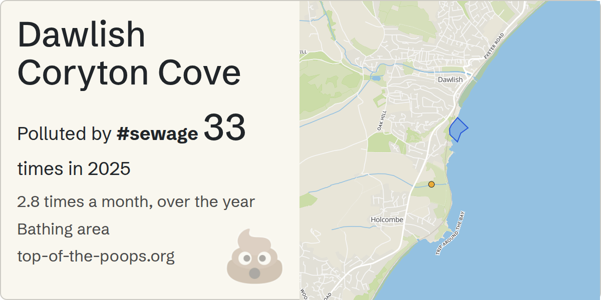 Sewage pollution map of Dawlish Coryton Cove, showing 33 overflows in 2025