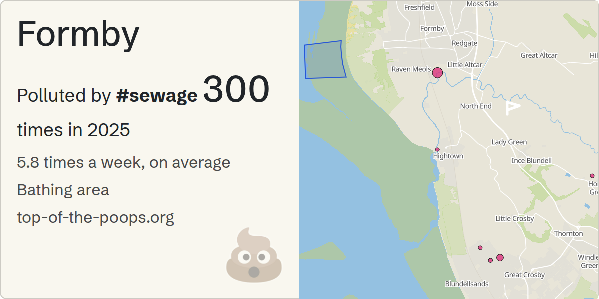 Sewage pollution map of Formby, showing 300 overflows in 2025