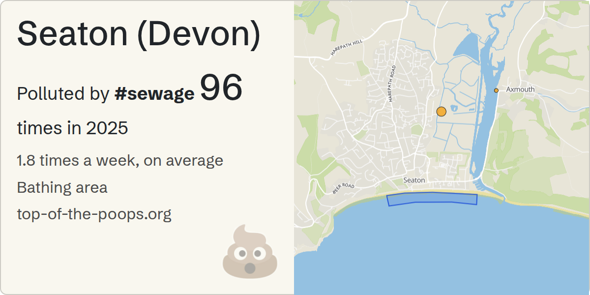 Sewage pollution map of Seaton (Devon), showing 96 overflows in 2025