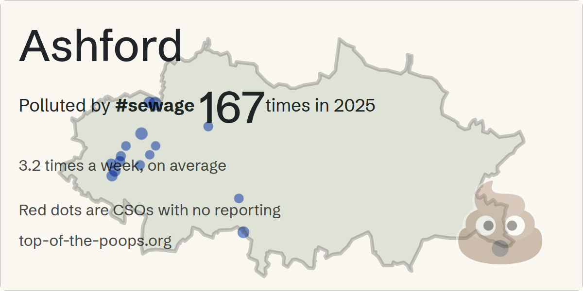 Sewage pollution map of Ashford, the constituency containing the SOMERSET ROAD ASHFORD CSO - 108730 storm overflow