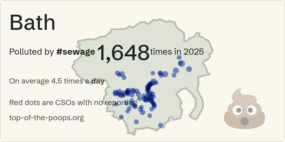 Sewage pollution map of Bath: 1,648 spills in 2025, lasting 3,701 hours, by Wessex Water
