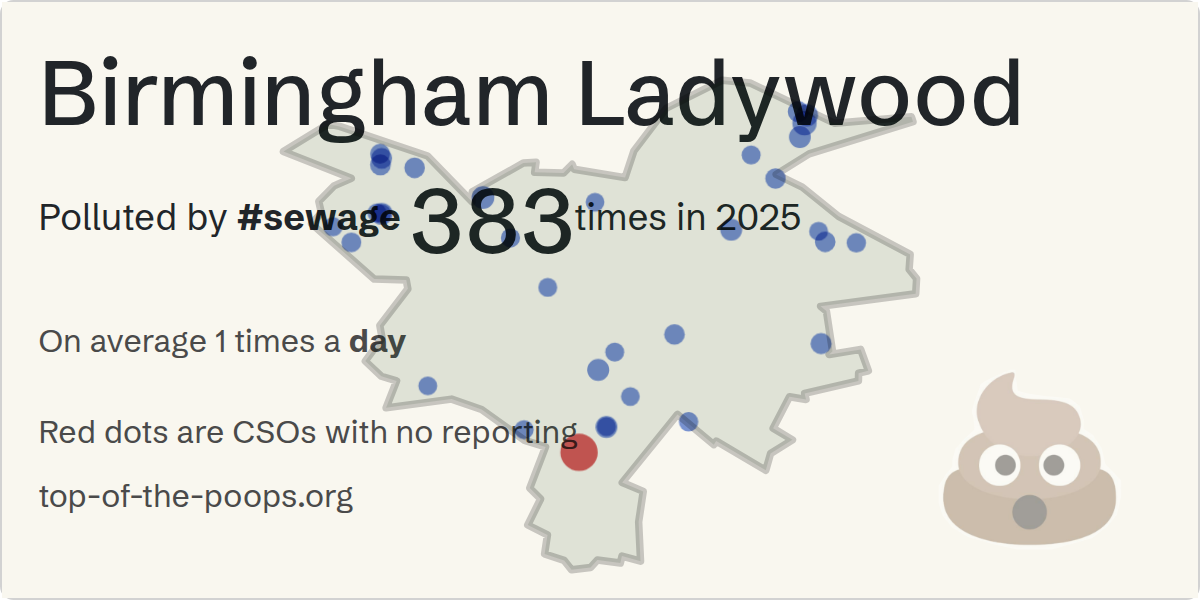 Sewage pollution map of Birmingham Ladywood, the constituency containing the BIRMINGHAM - GREEN STREET (CSO) storm overflow