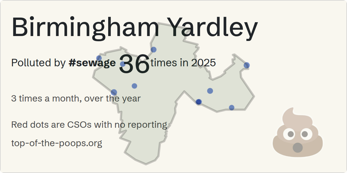 Sewage pollution map of Birmingham Yardley, the constituency containing the SMALL HEATH - DORA ROAD (CSO) storm overflow