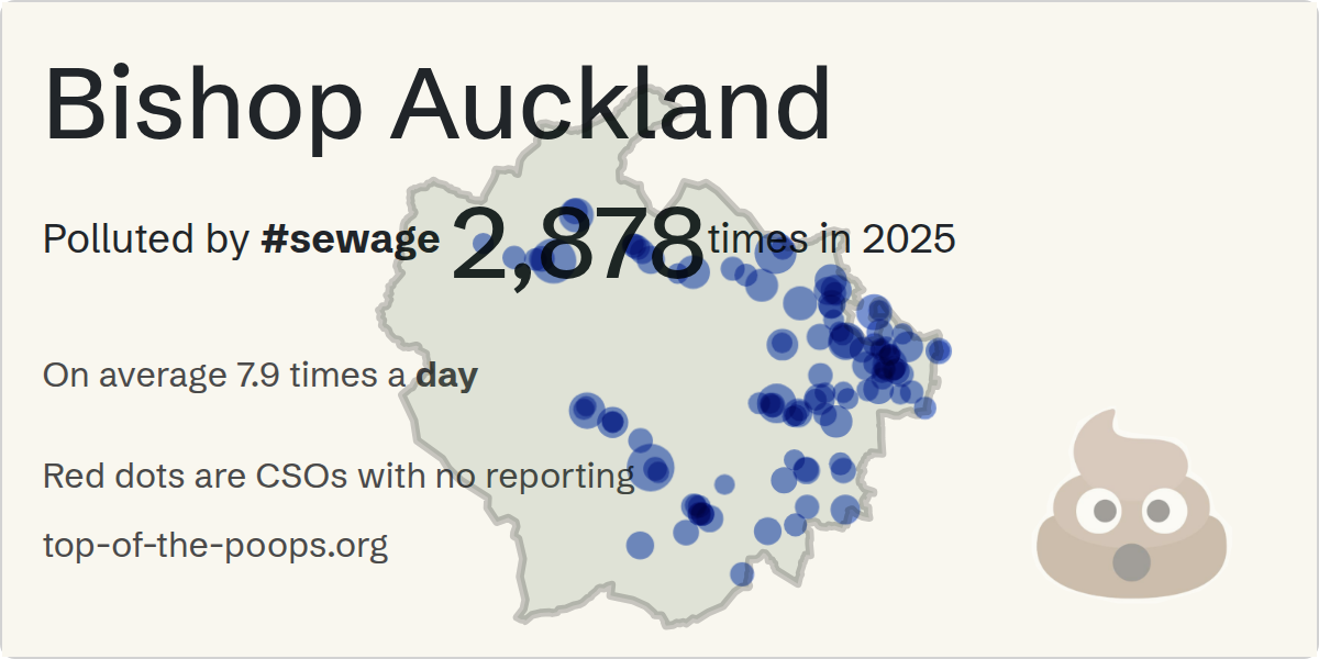 Sewage pollution map of Bishop Auckland, the constituency containing the Unknown storm overflow
