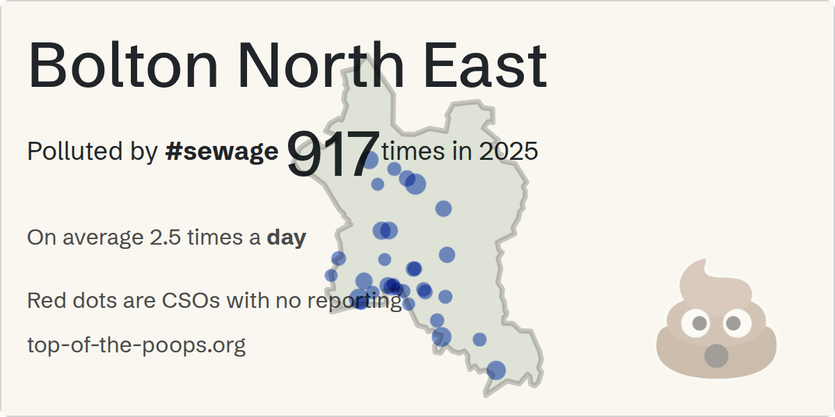 Sewage pollution map of Bolton North East, the constituency containing the Oakenbottom Road CSO storm overflow