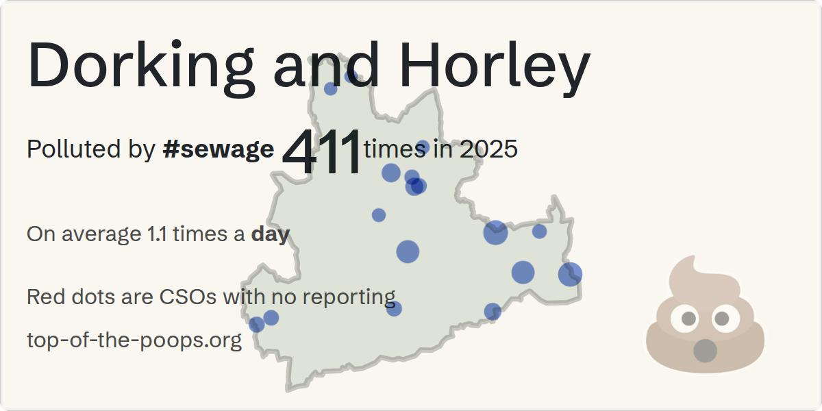 Sewage pollution map of Dorking and Horley, the constituency containing the Brockham Bridge XX SPS storm overflow