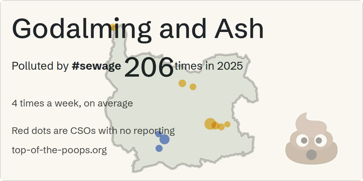 Sewage pollution map of Godalming and Ash, the constituency containing the Shamley Green STW storm overflow