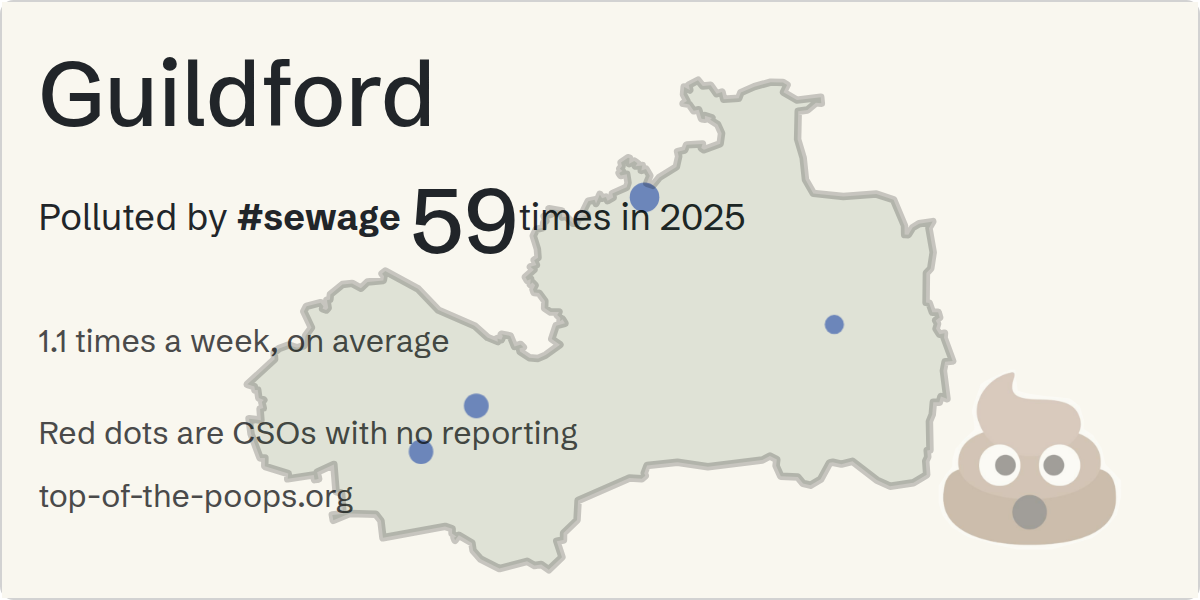 Sewage pollution map of Guildford: 2,051 hours in 2026