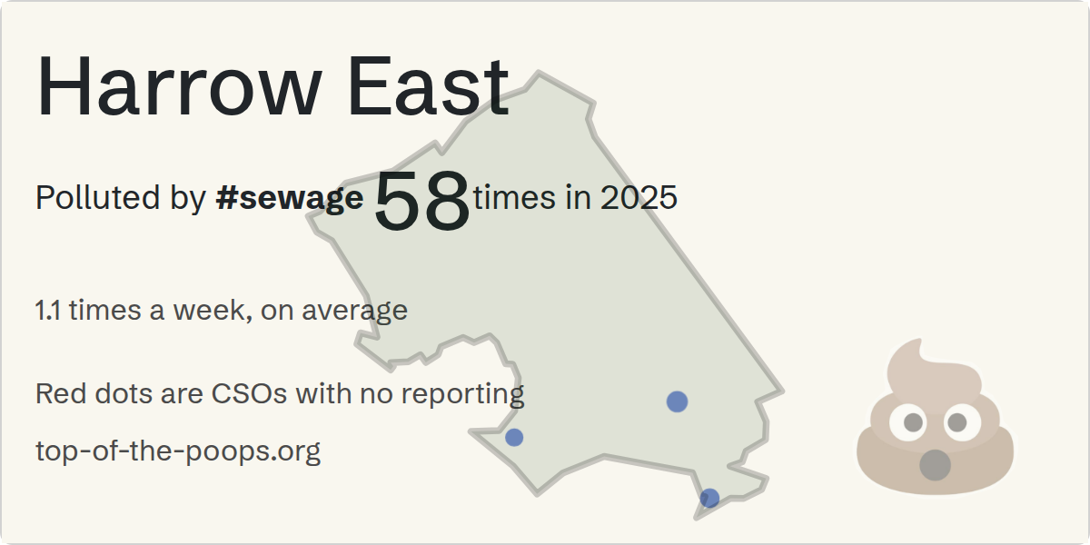 Sewage pollution map of Harrow East, the constituency containing the Alicia Avenue CSO storm overflow