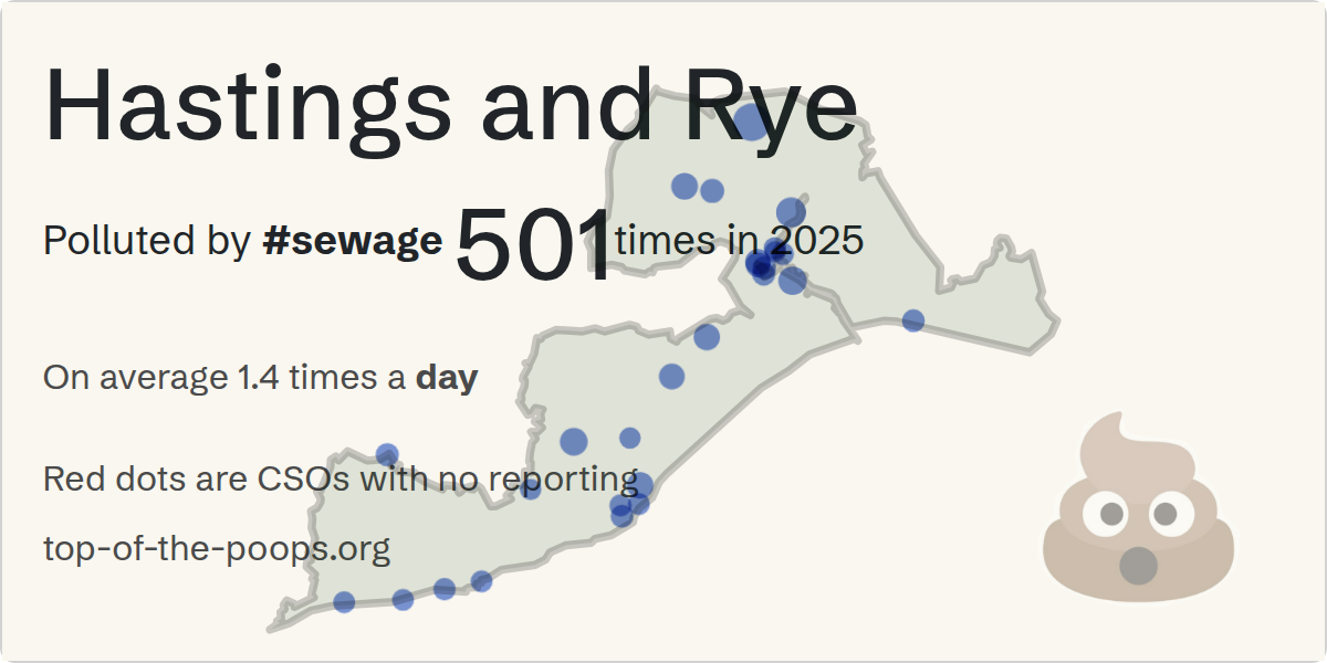 Sewage pollution map of Hastings and Rye, the constituency containing the MONKBRETTON BRIDGE RYE CEO - 108224 storm overflow