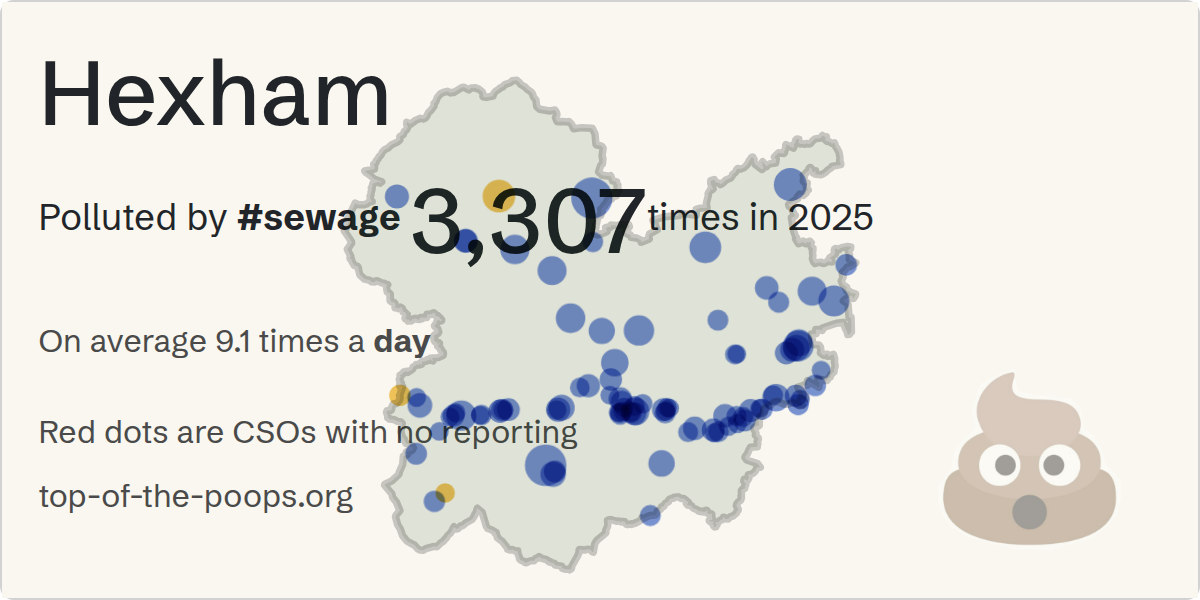 Sewage pollution map of Hexham: 3,307 spills in 2025, lasting 13,694 hours, by Northumbrian Water and United Utilities
