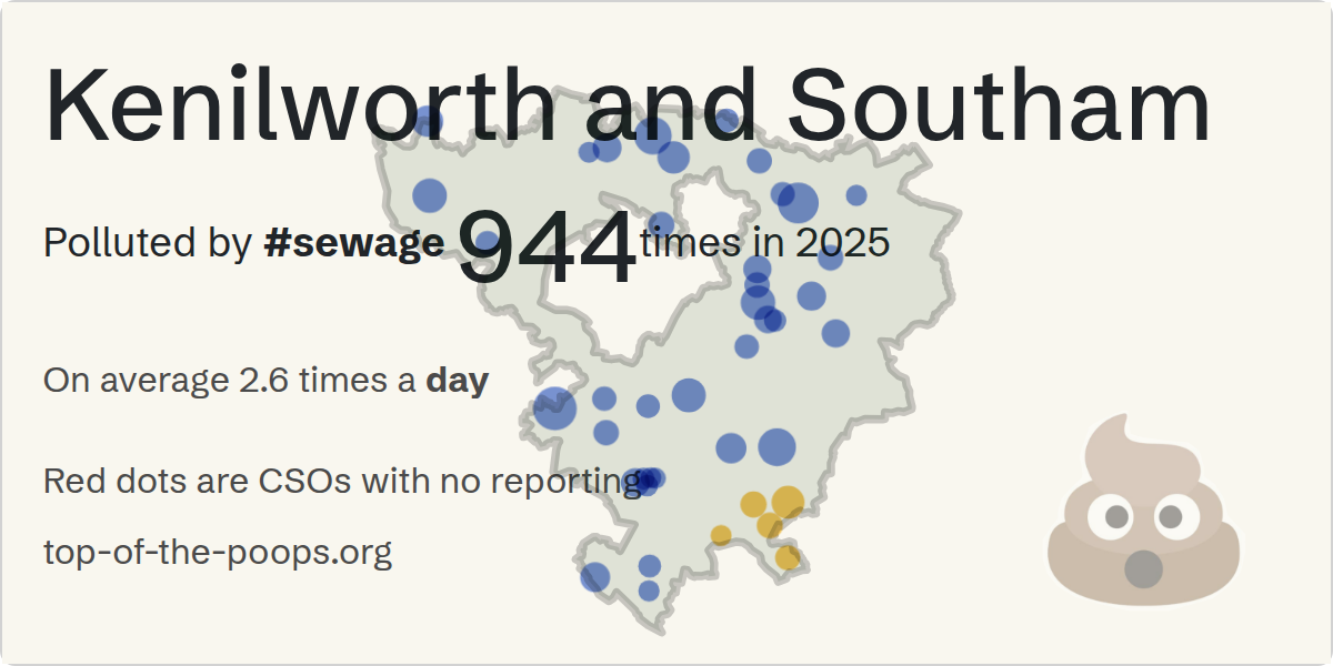 Sewage pollution map of Kenilworth and Southam, the constituency containing the KENILWORTH - THE CLOSE/MILL END (CSO) storm overflow