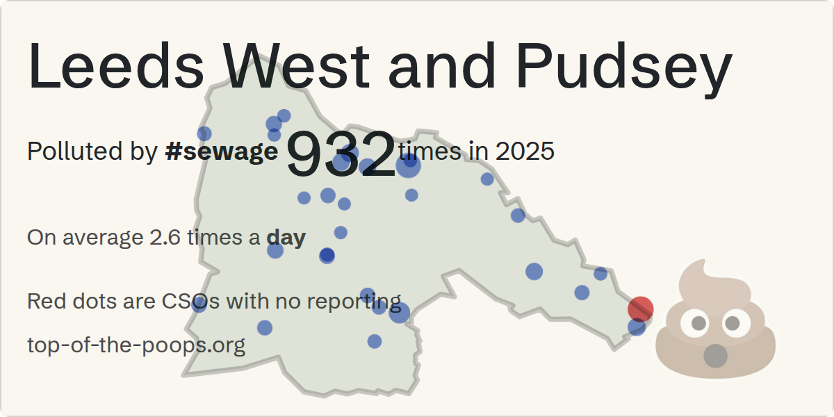 Sewage pollution map of Leeds West and Pudsey, the constituency containing the RICHARDSHAW LANE/NO 2 CSO storm overflow