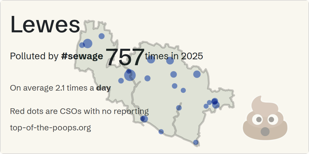 Sewage pollution map of Lewes, the constituency containing the WANNOCK ROAD WANNOCK CSO - 109583 storm overflow