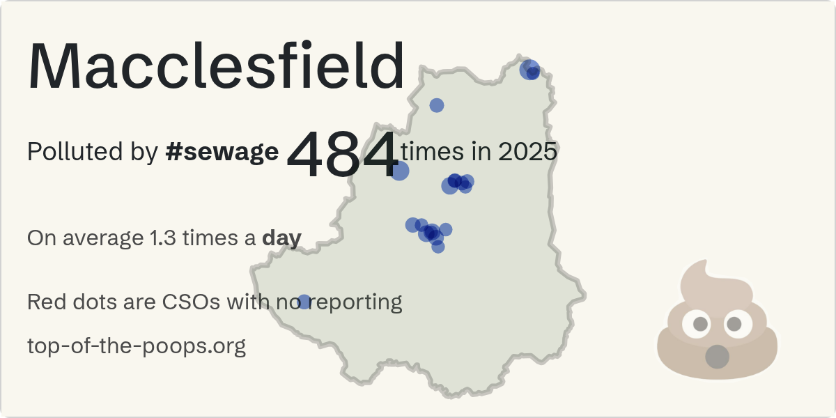 Sewage pollution map of Macclesfield: 484 spills in 2025, lasting 1,407 hours, by United Utilities