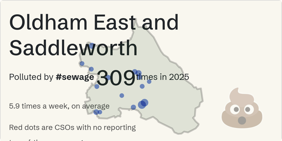 Sewage pollution map of Oldham East and Saddleworth, the constituency containing the Snipe Clough CSO storm overflow