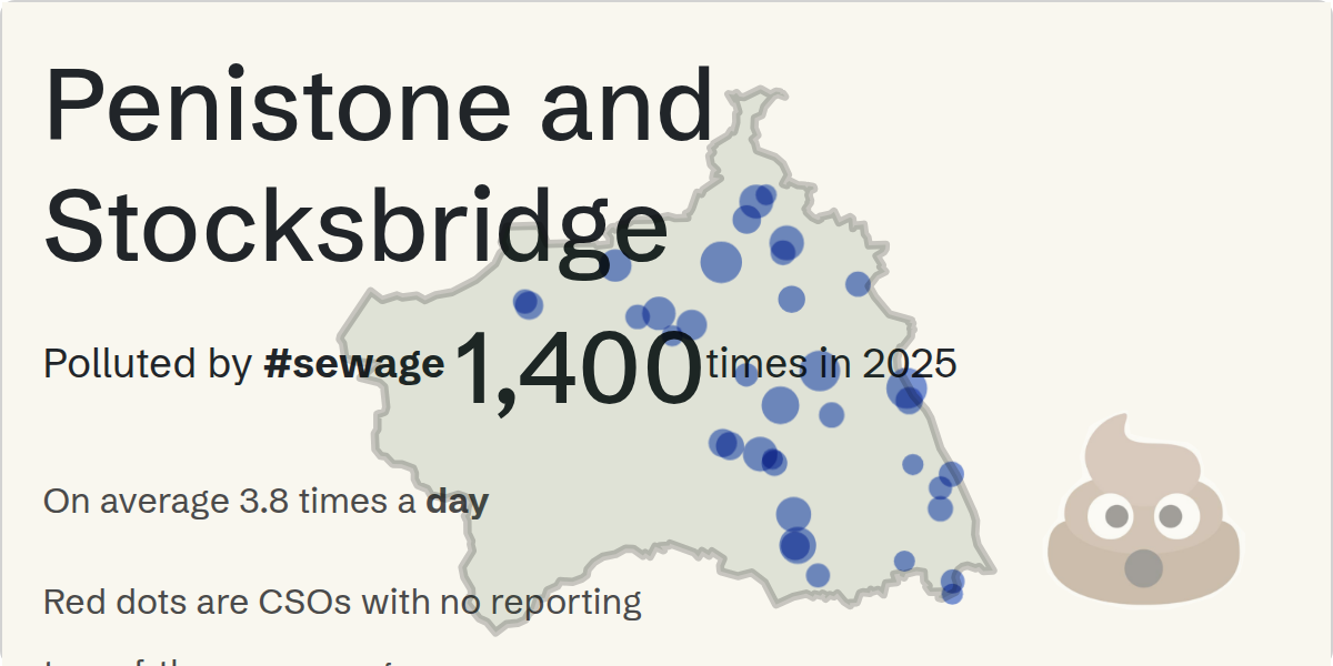 Sewage pollution map of Penistone and Stocksbridge, the constituency containing the WHAMS ROAD/NO 2 CSO storm overflow