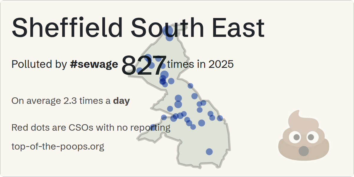 Sewage pollution map of Sheffield South East, the constituency containing the PIPWORTH ROAD/CSO storm overflow
