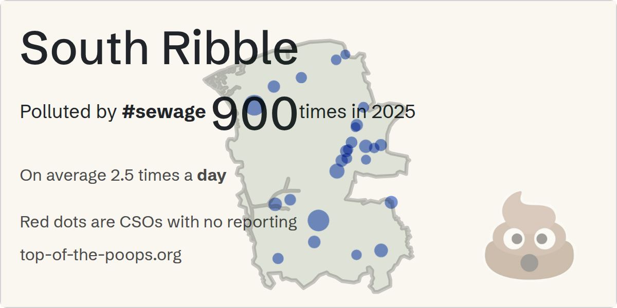 Sewage pollution map of South Ribble, the constituency containing the Riverside Road CSO storm overflow