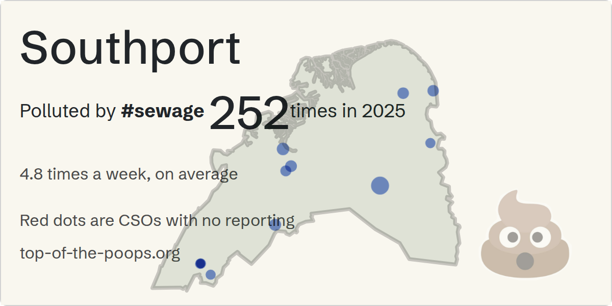 Sewage pollution map of Southport, the constituency containing the MERE BROW WwTW storm overflow