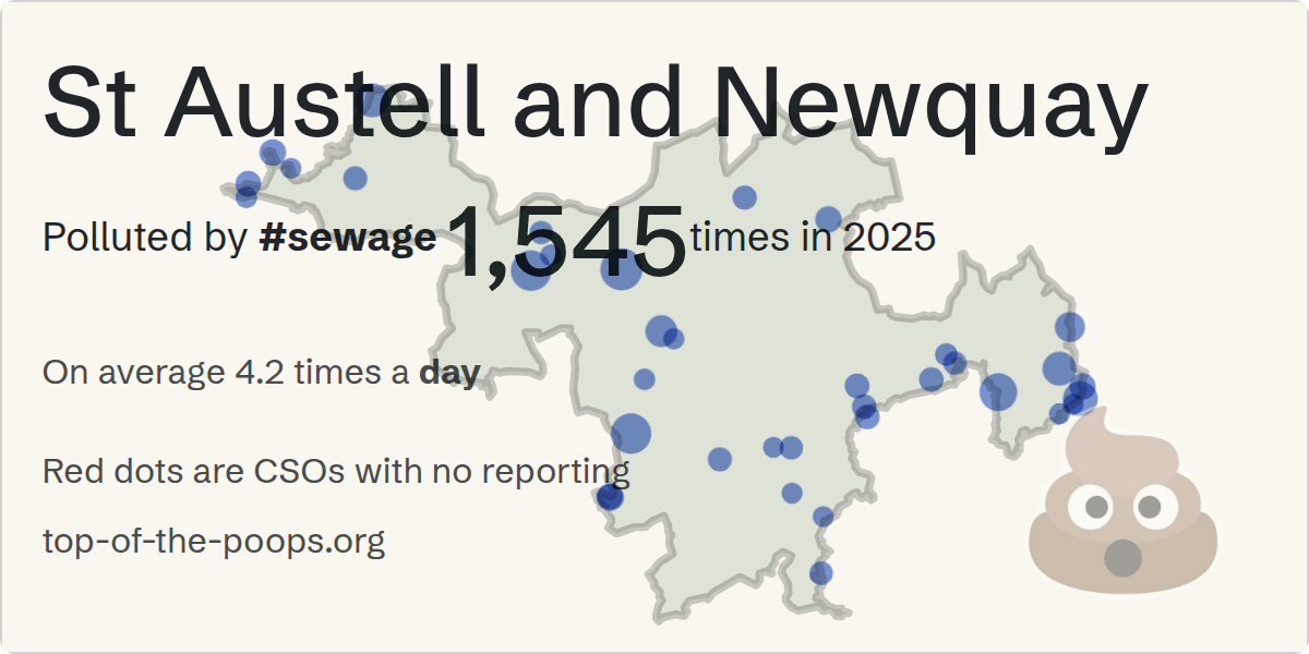 Sewage pollution map of St Austell and Newquay, the constituency containing the PORTMELLON SPS_PSCSOEO_MEVAGISSEY storm overflow