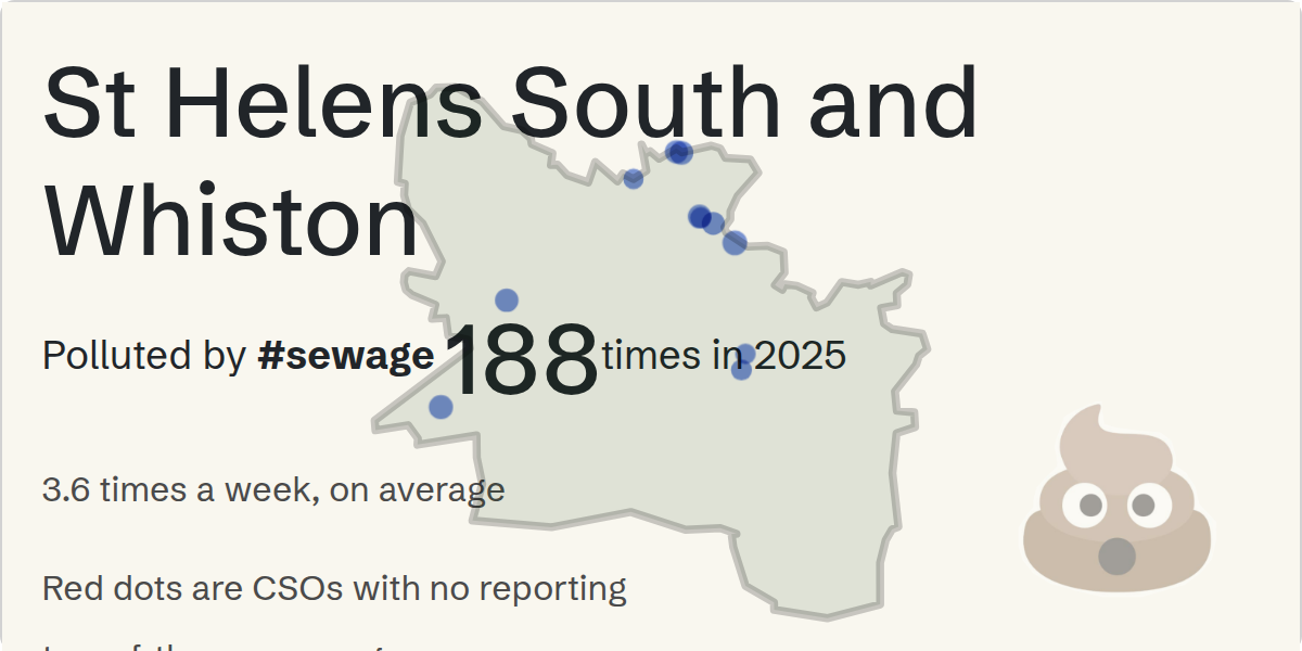 Sewage pollution map of St Helens South and Whiston, the constituency containing the St Helens Road CSO storm overflow