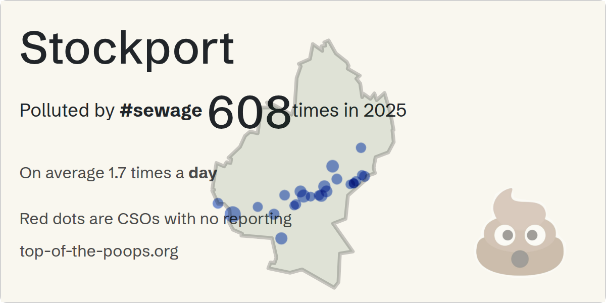 Sewage pollution map of Stockport, the constituency containing the Stockport Road/Essex Avenue CSO storm overflow