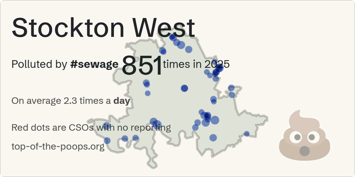 Sewage pollution map of Stockton West: 851 spills in 2025, lasting 3,984 hours, by Northumbrian Water