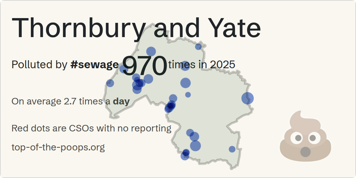 Sewage pollution map of Thornbury and Yate: 970 spills in 2025, lasting 12,219 hours, by Wessex Water