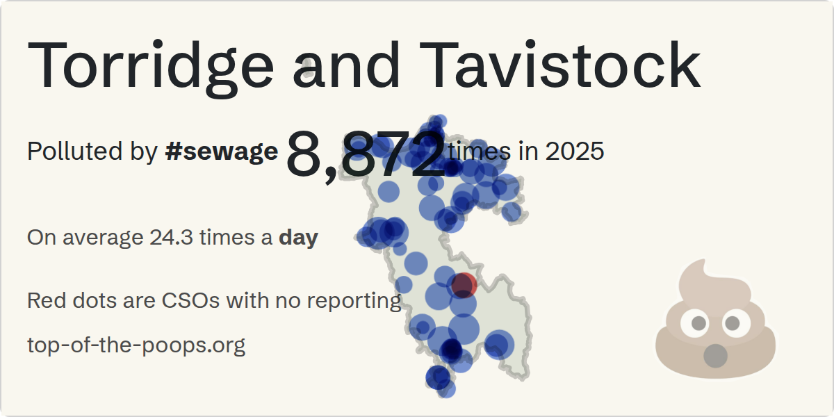 Sewage pollution map of Torridge and Tavistock, the constituency containing the WATERY LANE_CSO_GREAT TORRINGTON storm overflow