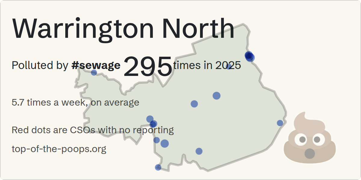 Sewage pollution map of Warrington North: 295 spills in 2025, lasting 1,965 hours, by United Utilities