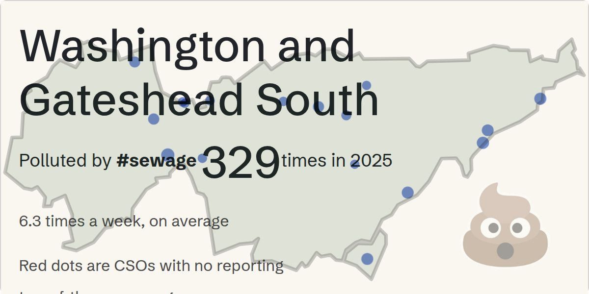 Sewage pollution map of Washington and Gateshead South, the constituency containing the Unknown storm overflow