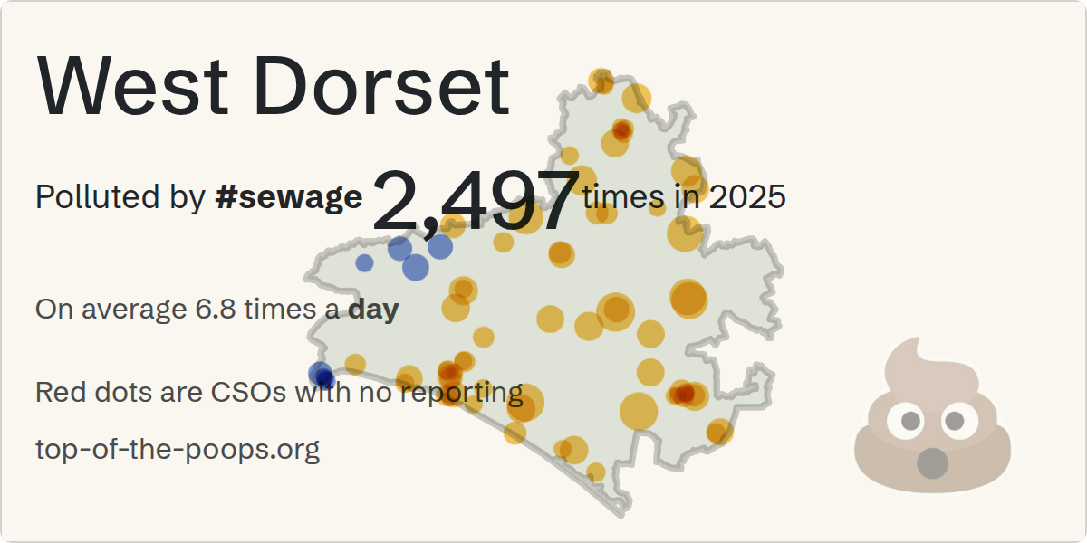 Sewage pollution map of West Dorset, the constituency containing the DORCHESTER PRINCES BRIDGE storm overflow