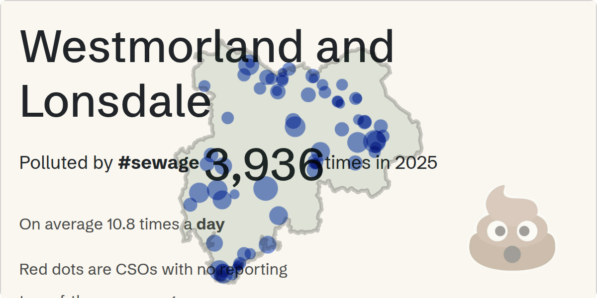 Sewage pollution map of Westmorland and Lonsdale, the constituency containing the Grasmere Waste Water Treatment Works storm overflow