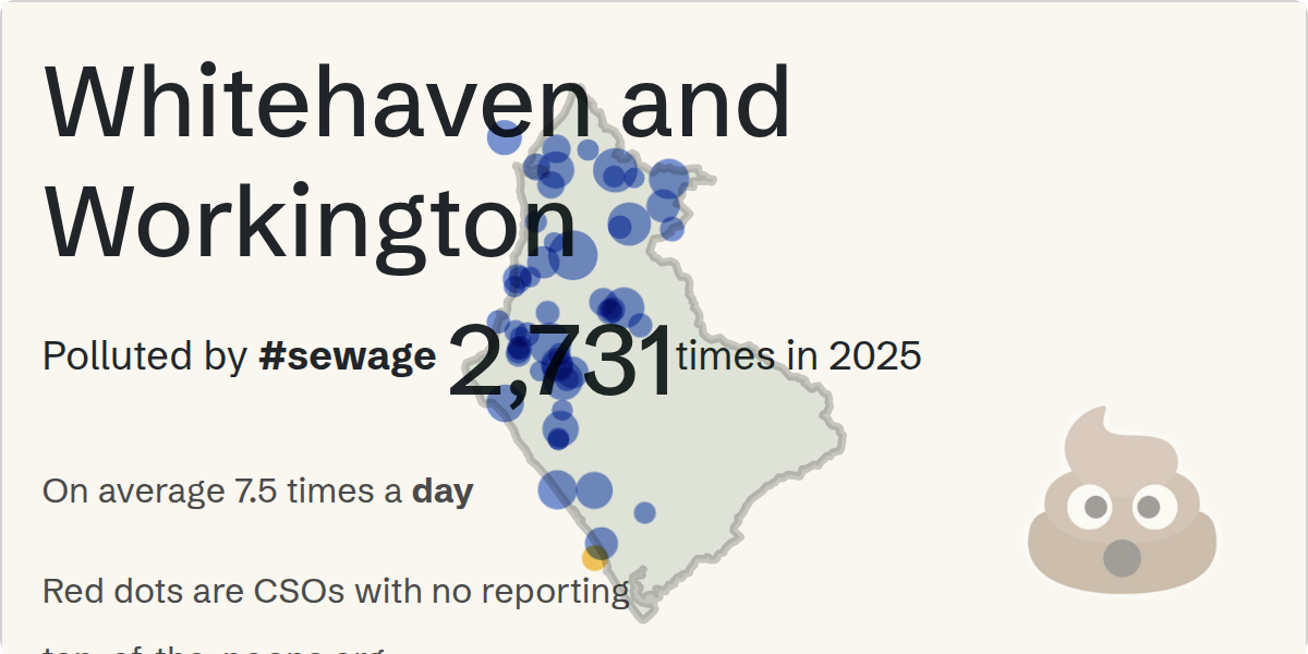 Sewage pollution map of Whitehaven and Workington, the constituency containing the WORKINGTON WwTW storm overflow