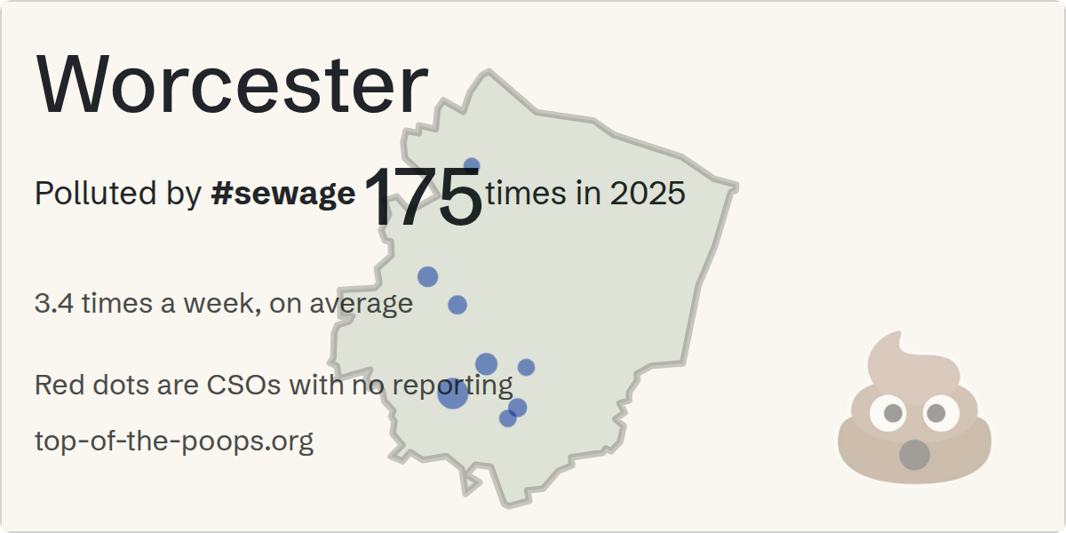 Sewage pollution map of Worcester, the constituency containing the WORCESTER - BATH ROAD (CSO) storm overflow