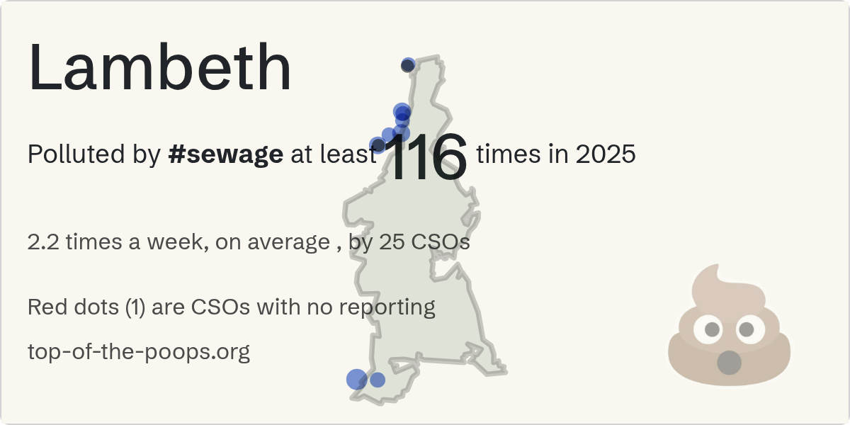 Sewage pollution map of Lambeth: 229 hours in 2025