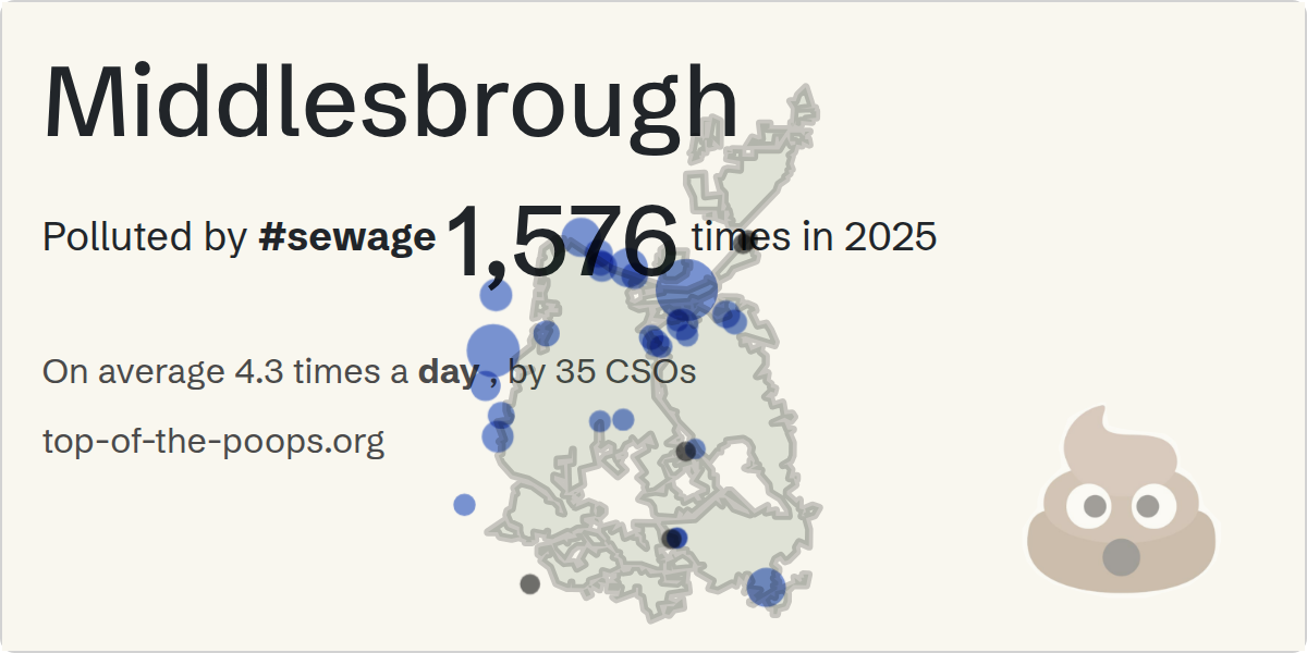 Sewage pollution map of Middlesbrough: 2,960 hours in 2025
