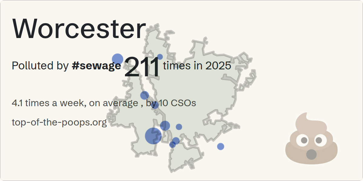 Sewage pollution map of Worcester: 1,539 hours in 2025